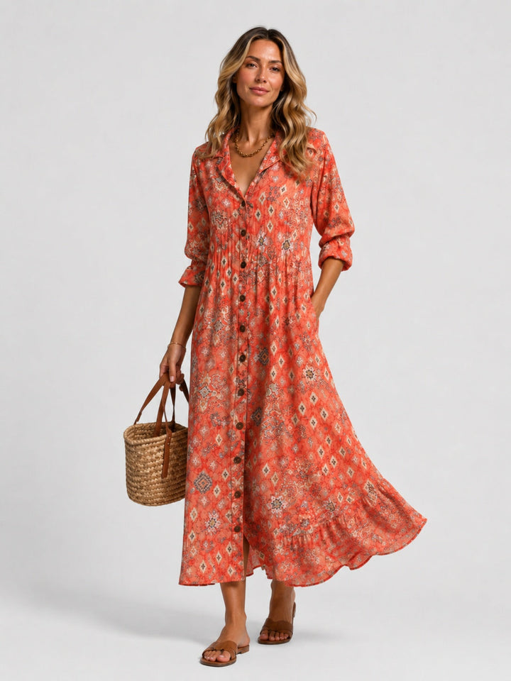 Women's Long-Sleeve Cotton Printed Shirt Midi Dress Autumn