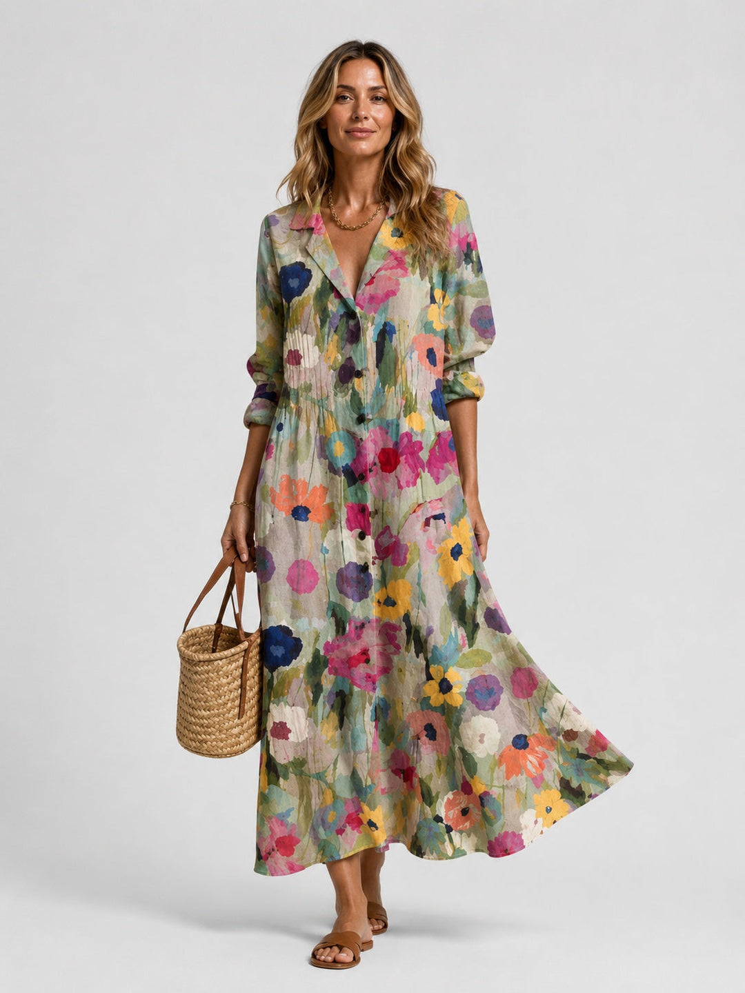 Women's Long-Sleeve Cotton Printed Shirt Midi Dress Autumn