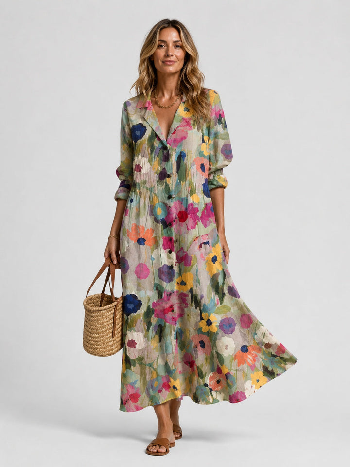 Women's Long-Sleeve Cotton Printed Shirt Midi Dress Autumn