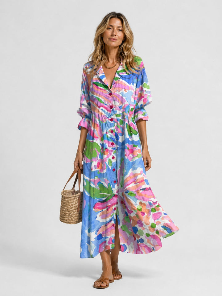 Women's Long-Sleeve Cotton Printed Shirt Midi Dress Autumn