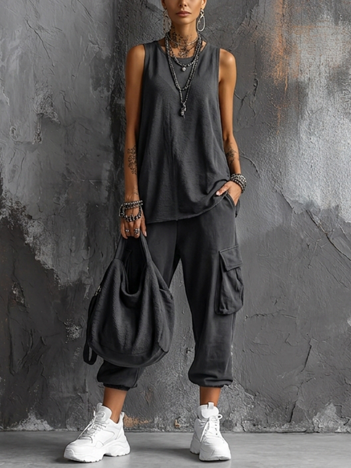 Women's Cotton Sleeveless Top and Cargo Pants Set Autumn Casual Set
