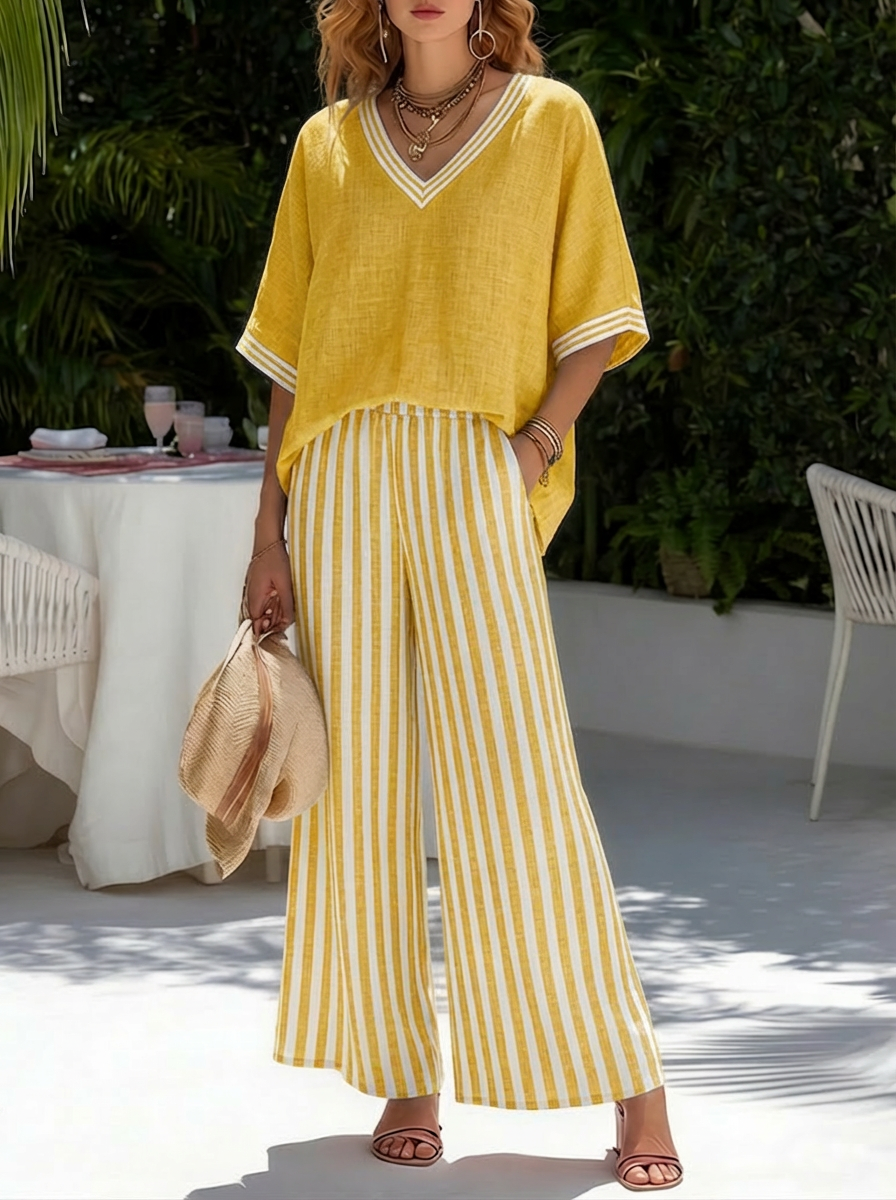 Women's Linen Cotton Striped Two Piece Set Autumn Casual Set