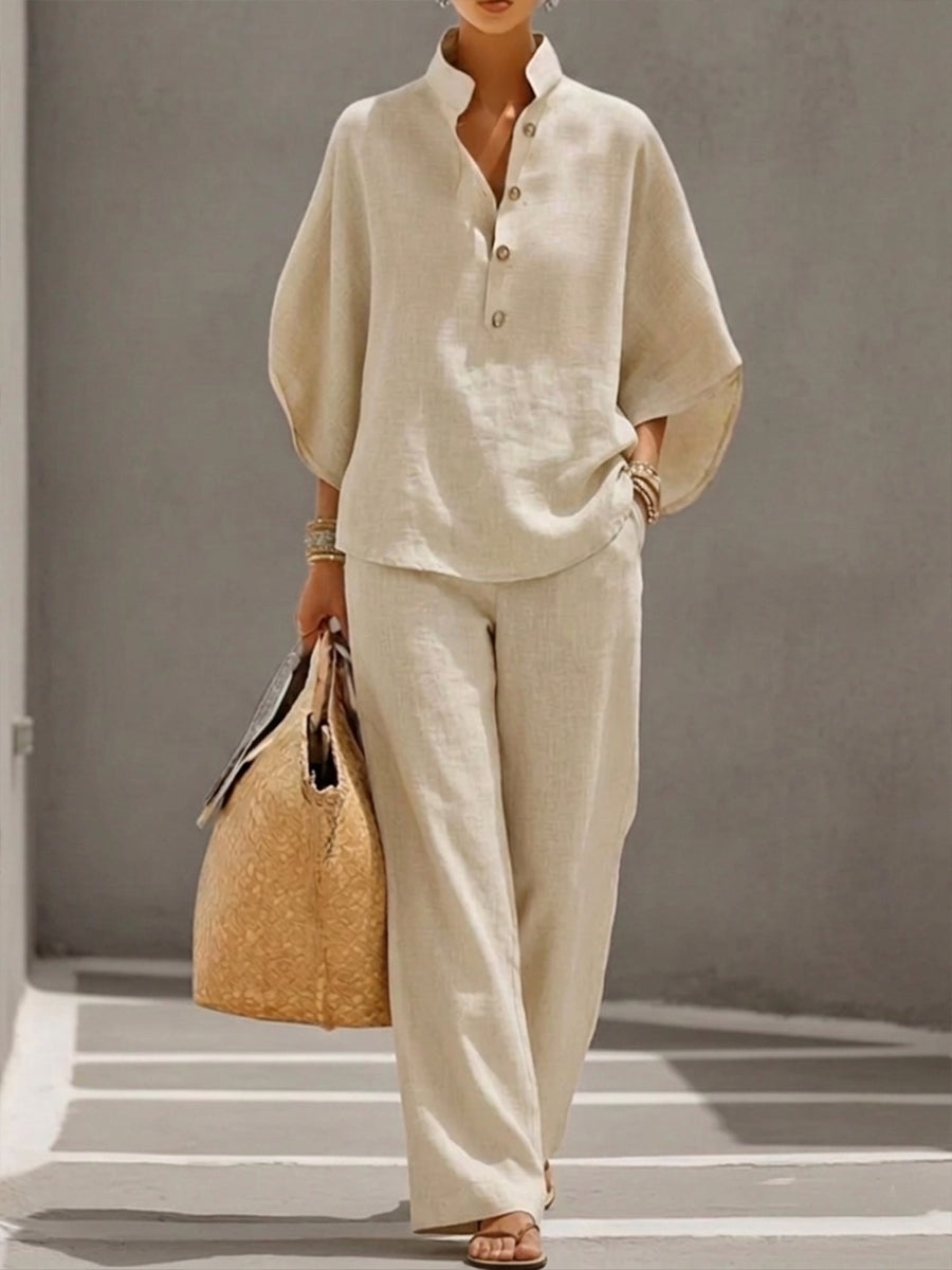 Women's Cotton Linen Two-Piece Wide-Leg Pants Set Autumn Casual Outfit