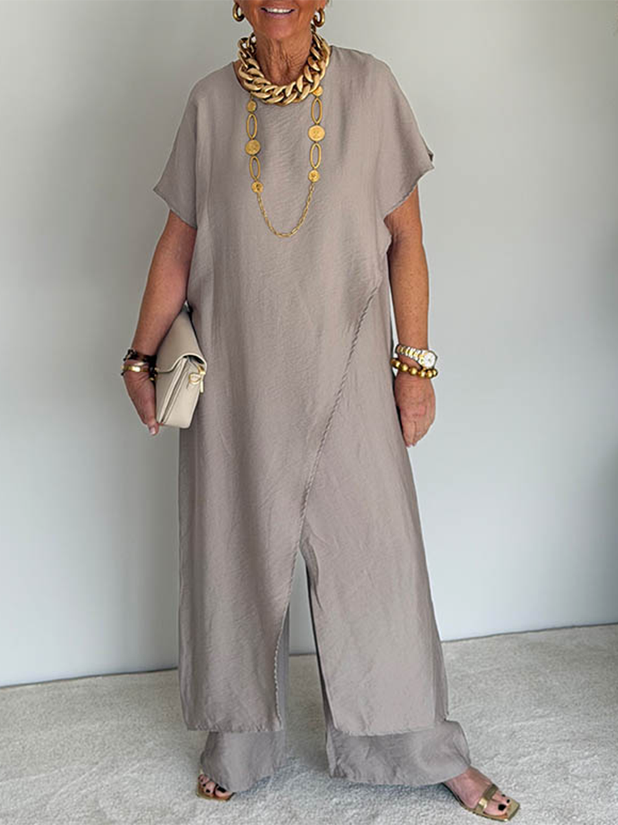 Women's Linen Two-Piece Tunic Wide-Leg Pants Set Autumn Outfit