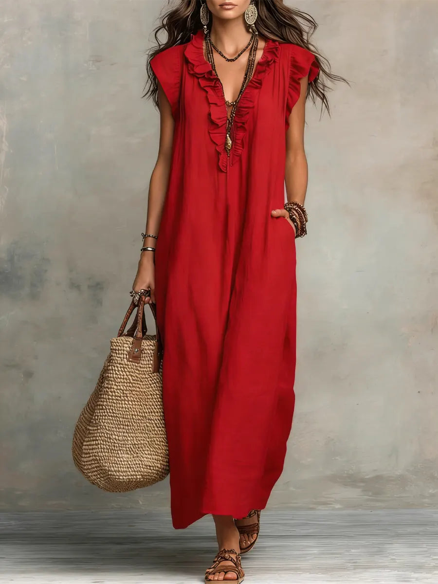 Women's Linen Cotton Bohemian Maxi Dress Autumn Everyday Outfit