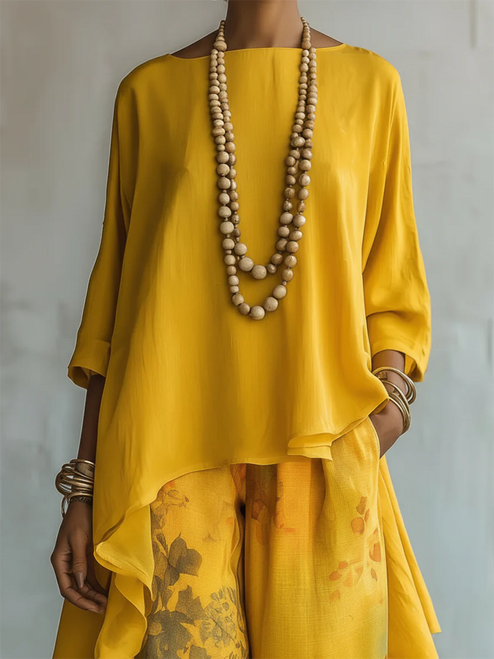 Women's Floral Blouse and Wide-Leg Pants Set Autumn Outfit