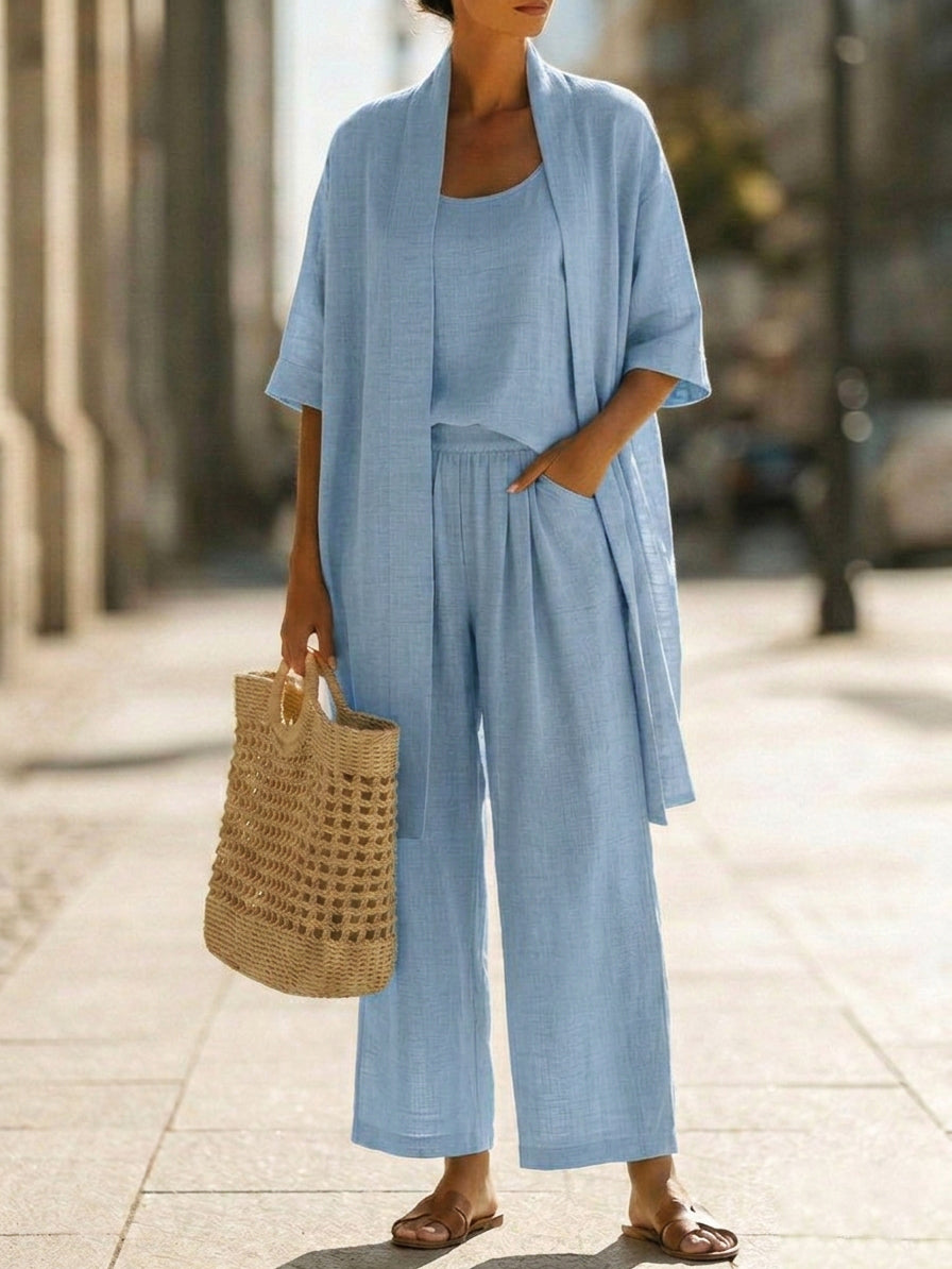 Women's Knit Three-Piece Set Autumn Kimono Top Wide-Leg Pants Set