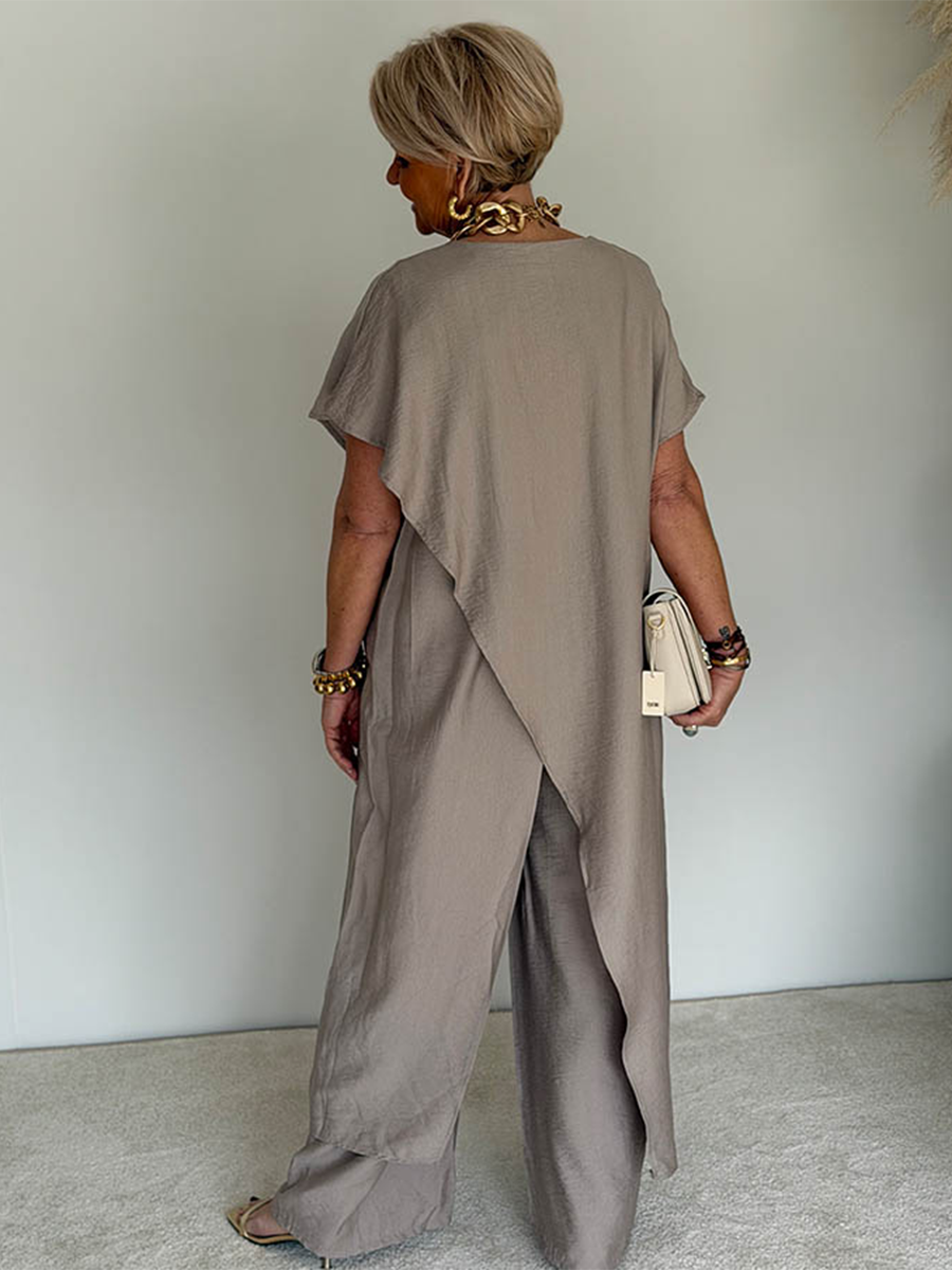Women's Linen Two-Piece Tunic Wide-Leg Pants Set Autumn Outfit