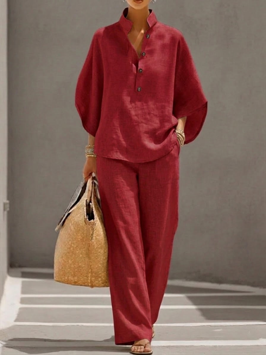 Women's Cotton Linen Two-Piece Wide-Leg Pants Set Autumn Casual Outfit