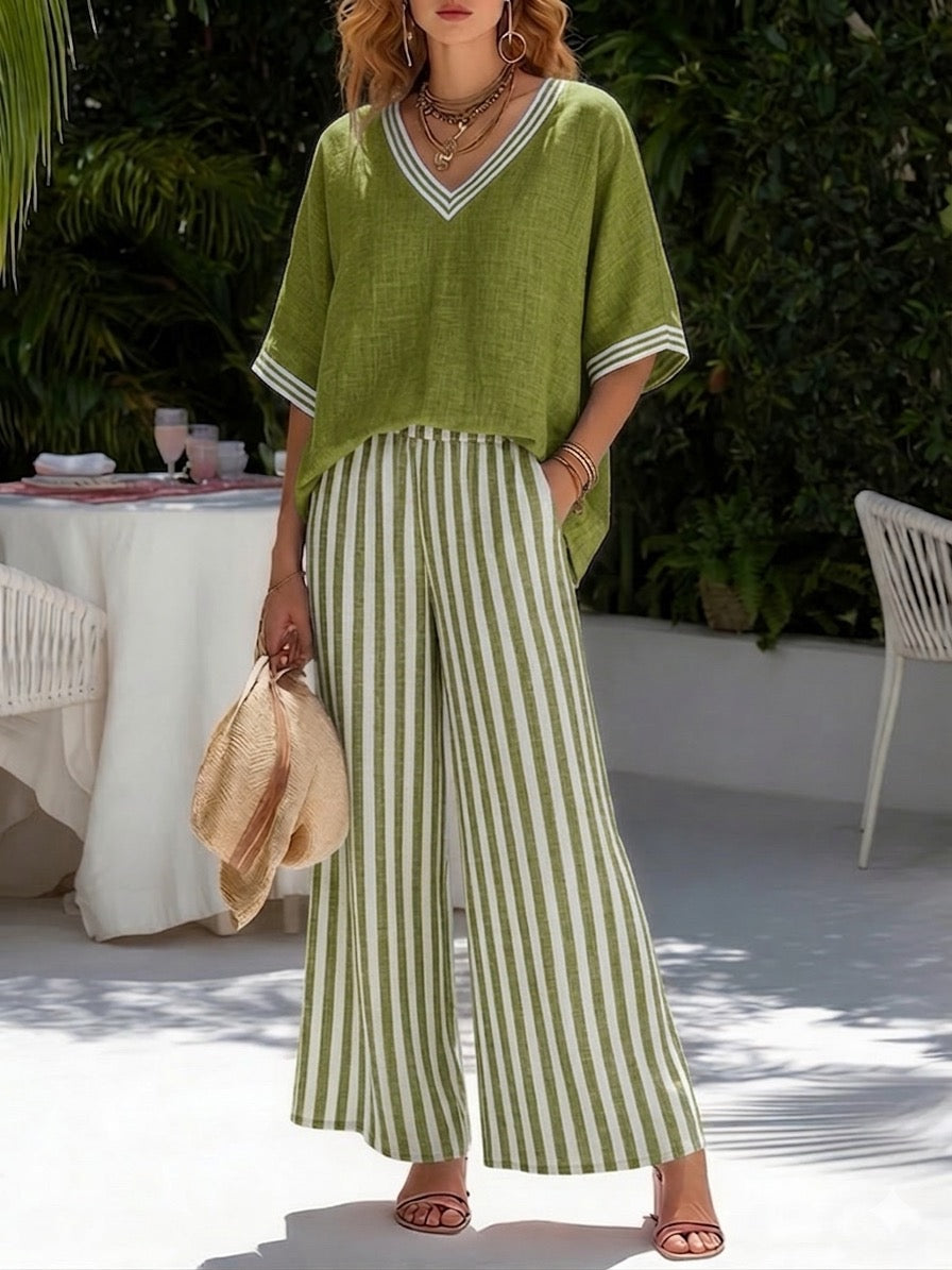 Women's Linen Cotton Striped Two Piece Set Autumn Casual Set