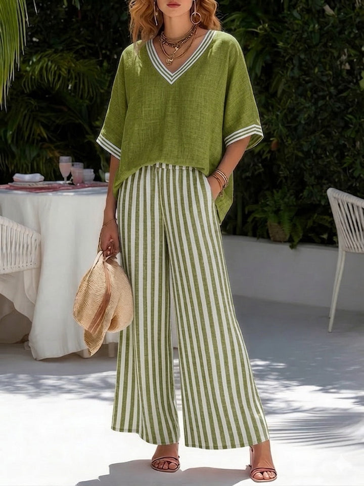 Women's Linen Cotton Striped Two Piece Set Autumn Casual Set