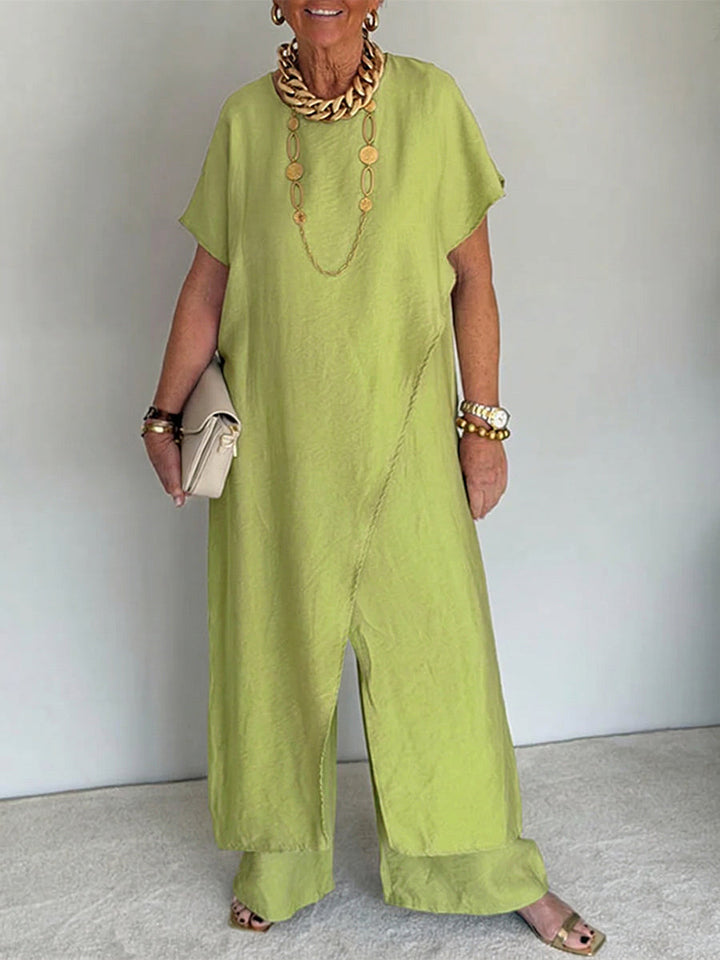 Women's Linen Two-Piece Tunic Wide-Leg Pants Set Autumn Outfit