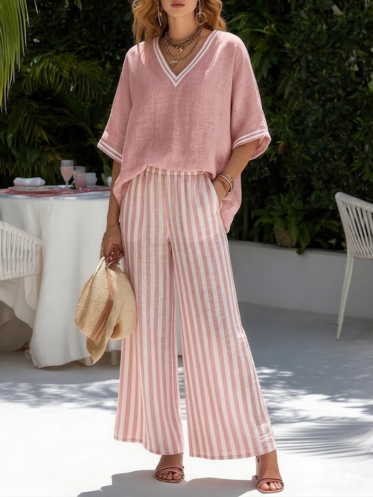 Women's Linen Cotton Striped Two Piece Set Autumn Casual Set