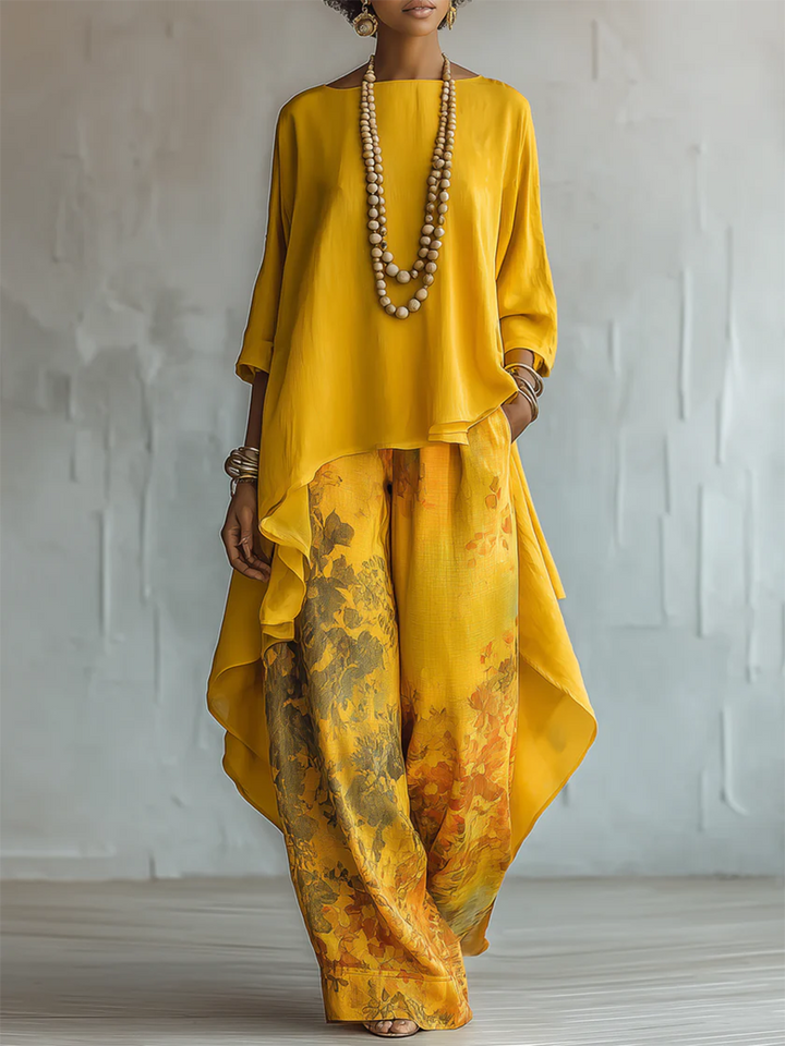 Women's Floral Blouse and Wide-Leg Pants Set Autumn Outfit