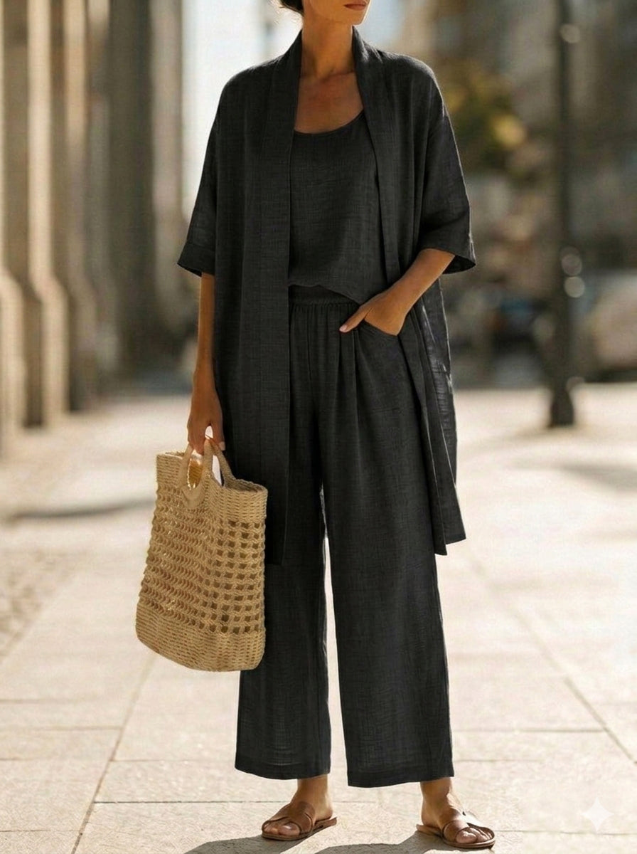 Women's Knit Three-Piece Set Autumn Kimono Top Wide-Leg Pants Set