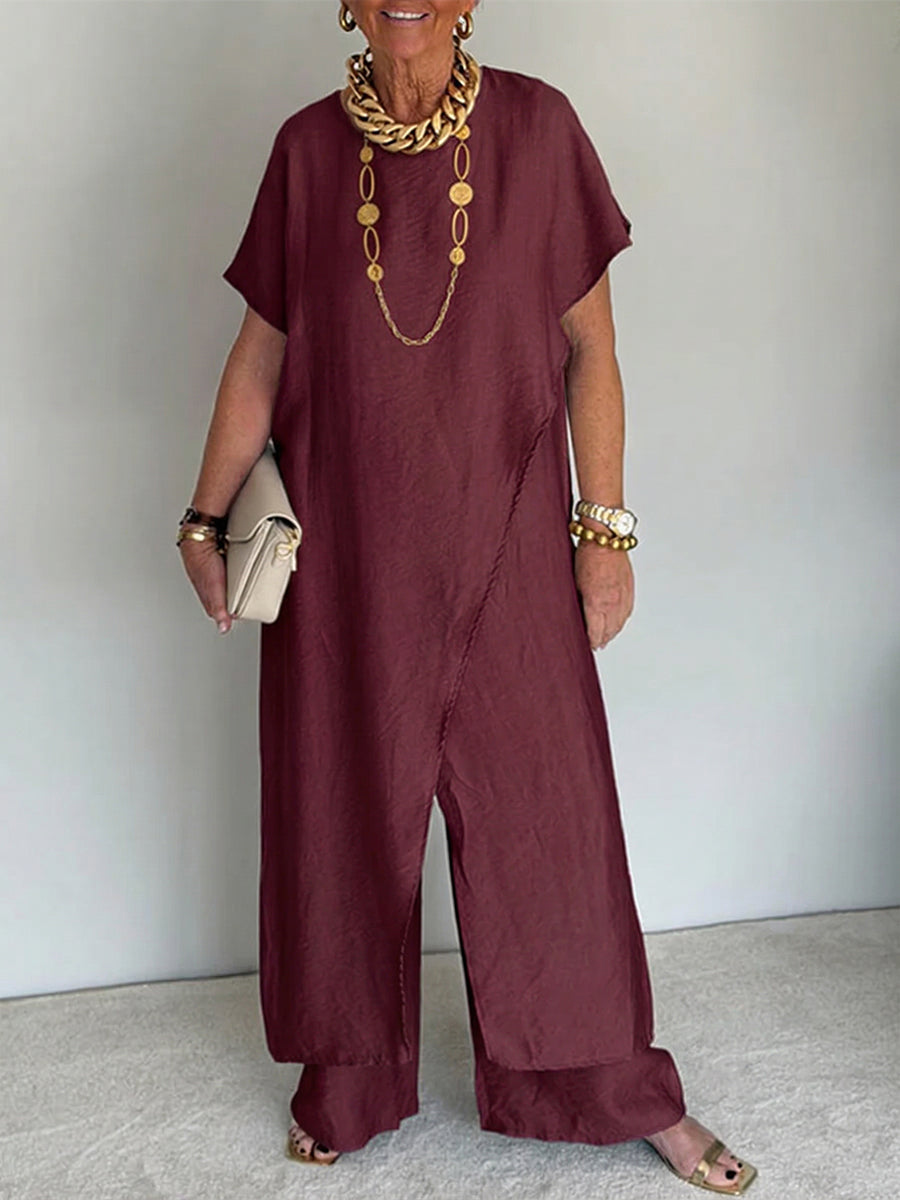Women's Linen Two-Piece Tunic Wide-Leg Pants Set Autumn Outfit