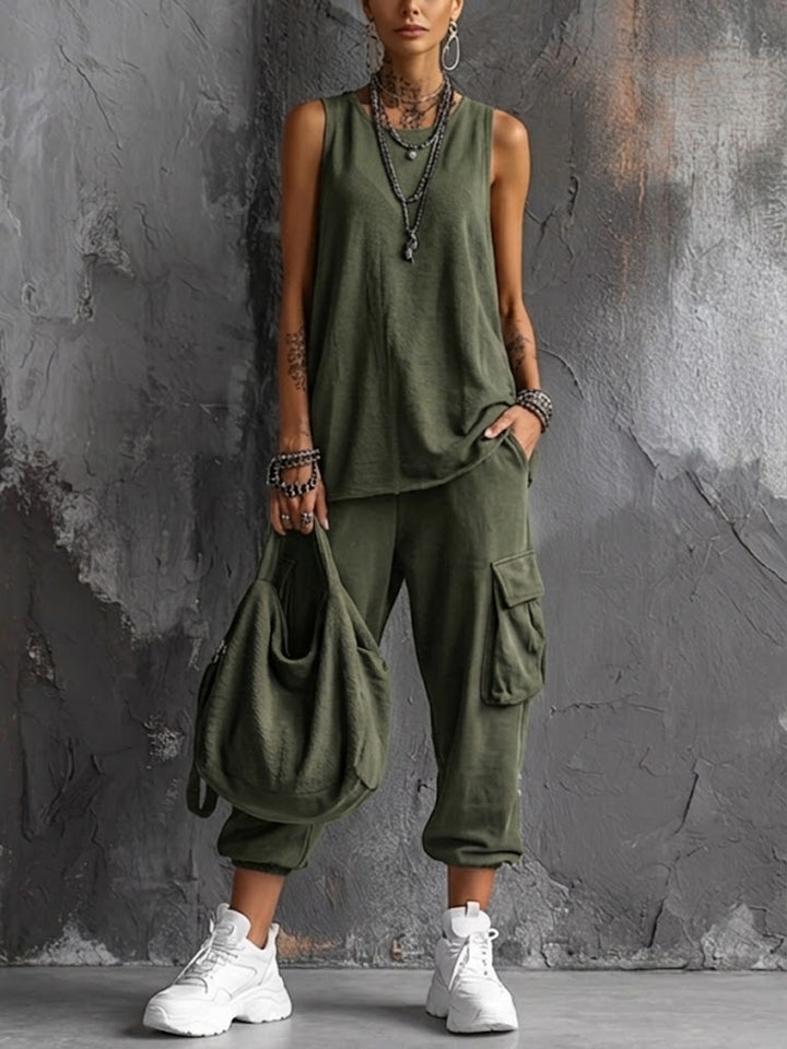 Women's Cotton Sleeveless Top and Cargo Pants Set Autumn Casual Set