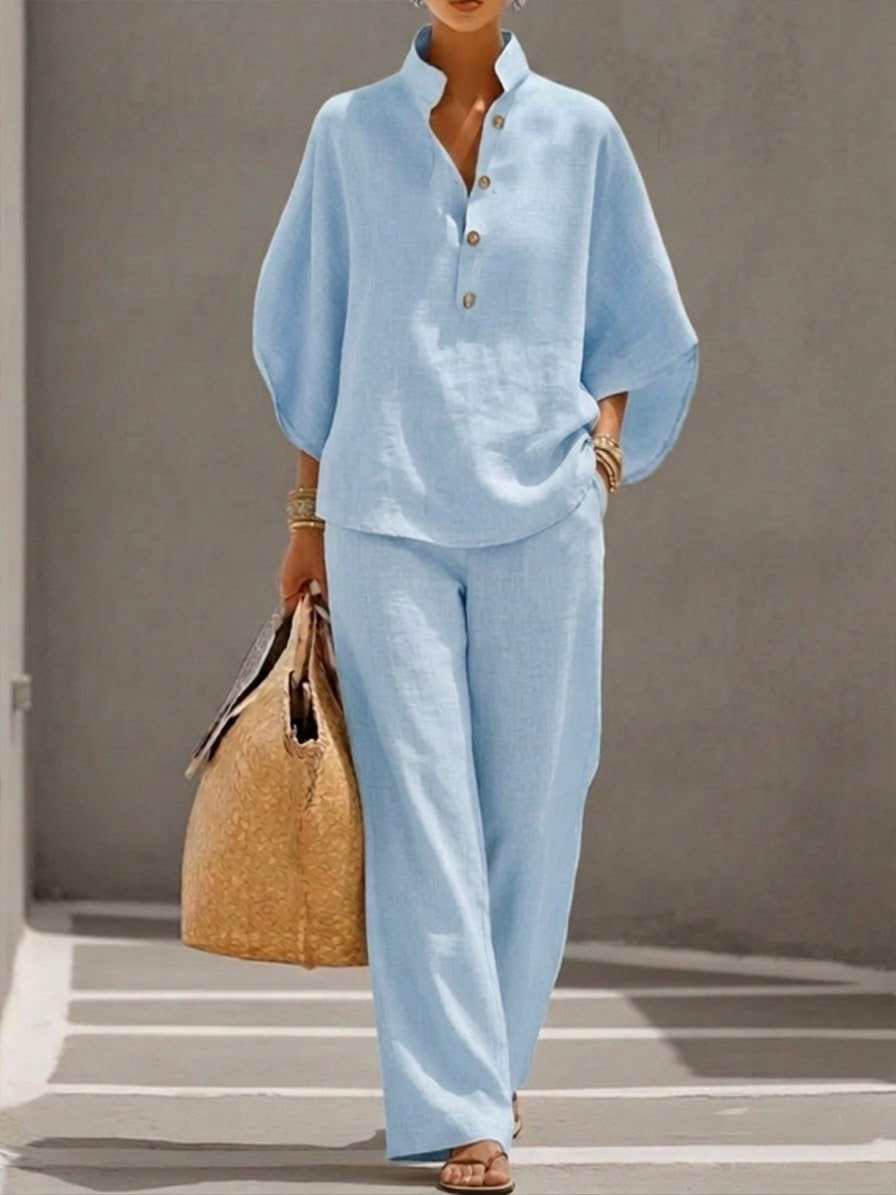 Women's Cotton Linen Two-Piece Wide-Leg Pants Set Autumn Casual Outfit