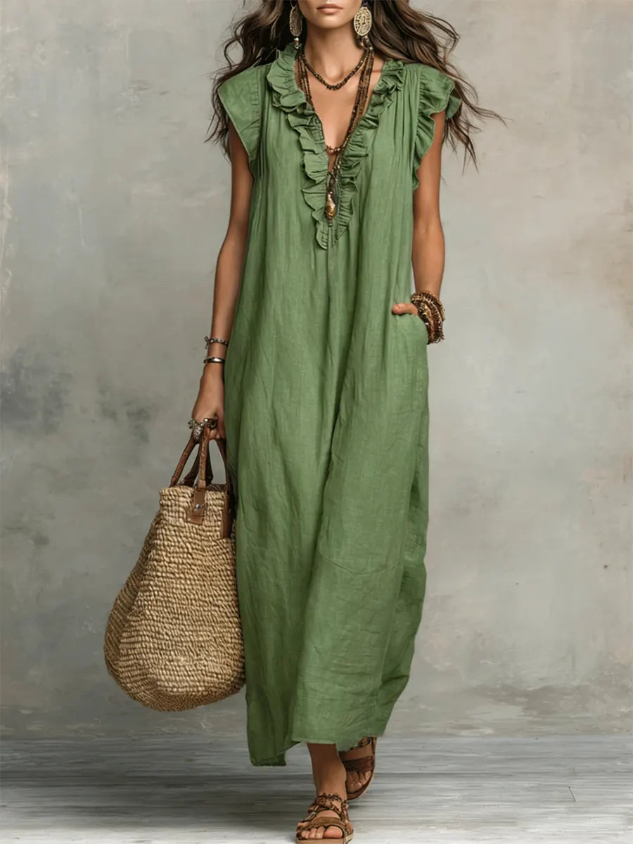 Women's Linen Cotton Bohemian Maxi Dress Autumn Everyday Outfit