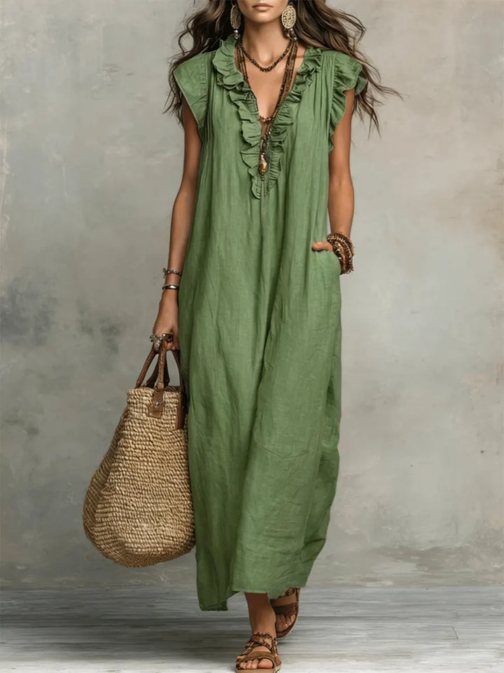 Women's Linen Cotton Bohemian Maxi Dress Autumn Everyday Outfit