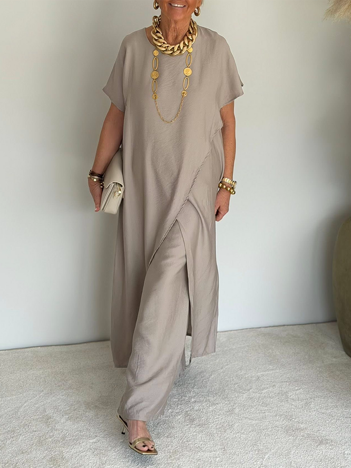 Women's Linen Two-Piece Tunic Wide-Leg Pants Set Autumn Outfit