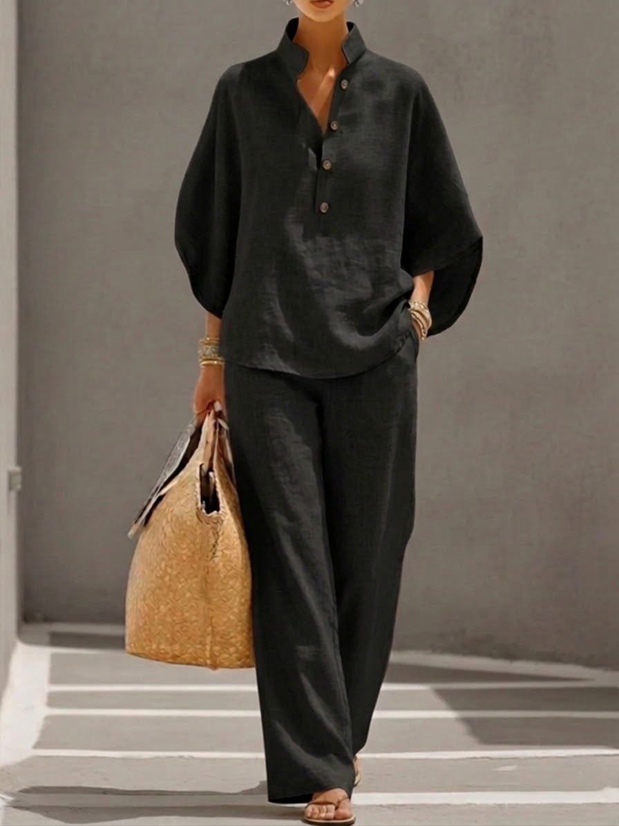 Women's Cotton Linen Two-Piece Wide-Leg Pants Set Autumn Casual Outfit