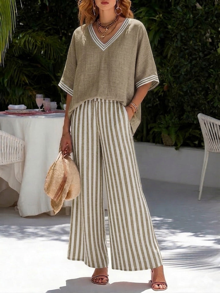 Women's Linen Cotton Striped Two Piece Set Autumn Casual Set