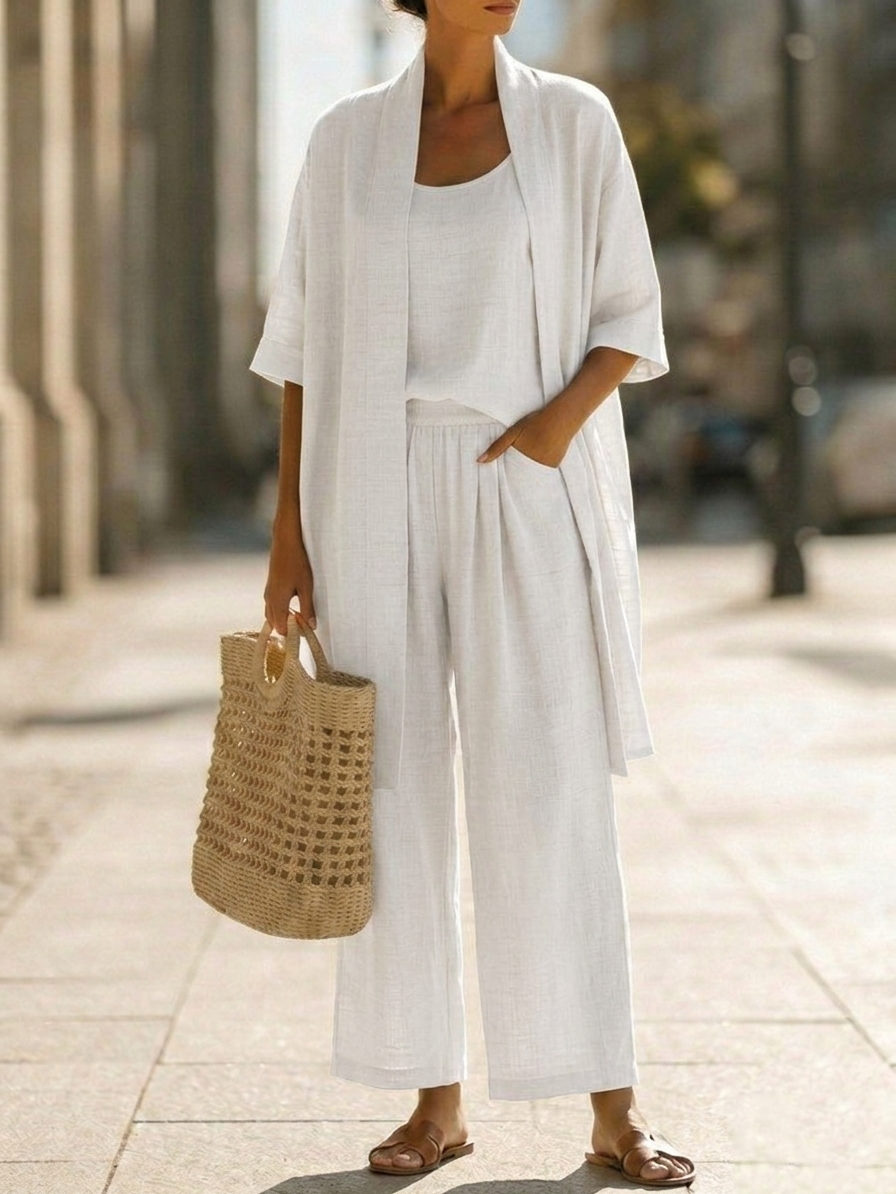 Women's Knit Three-Piece Set Autumn Kimono Top Wide-Leg Pants Set