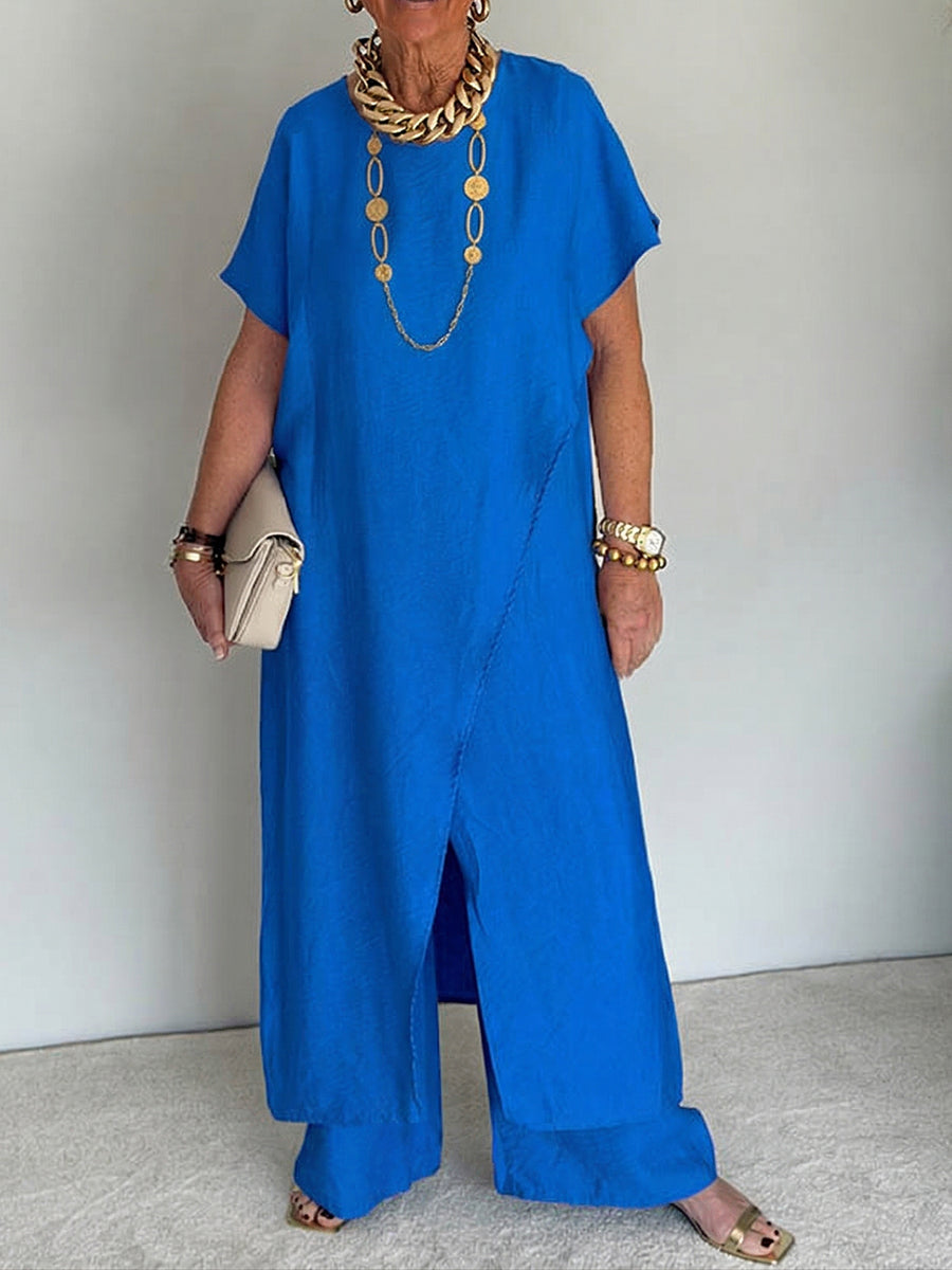 Women's Linen Two-Piece Tunic Wide-Leg Pants Set Autumn Outfit
