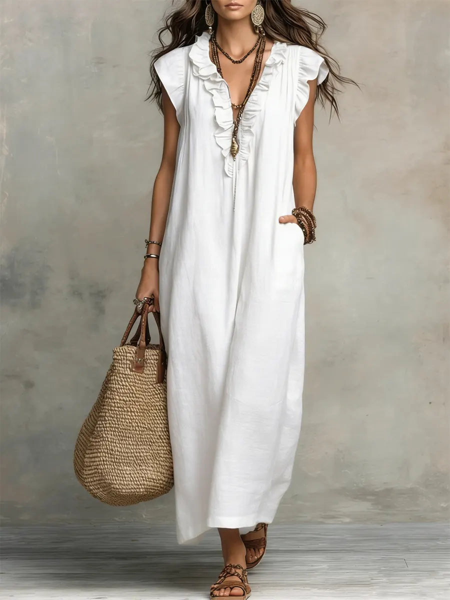 Women's Linen Cotton Bohemian Maxi Dress Autumn Everyday Outfit