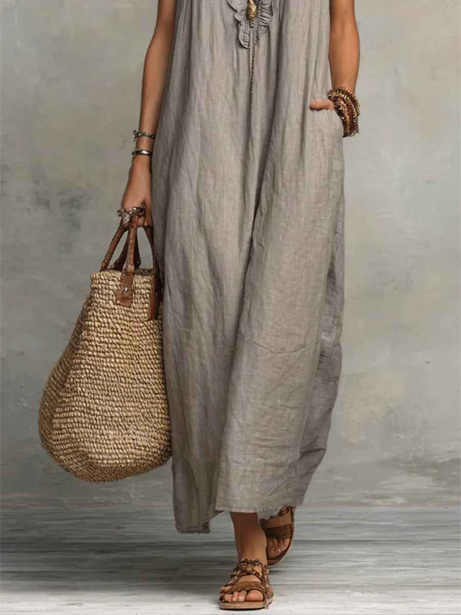 Women's Linen Cotton Bohemian Maxi Dress Autumn Everyday Outfit