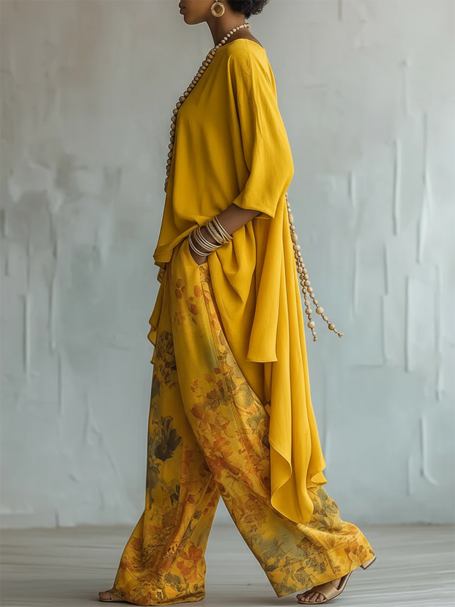 Women's Floral Blouse and Wide-Leg Pants Set Autumn Outfit