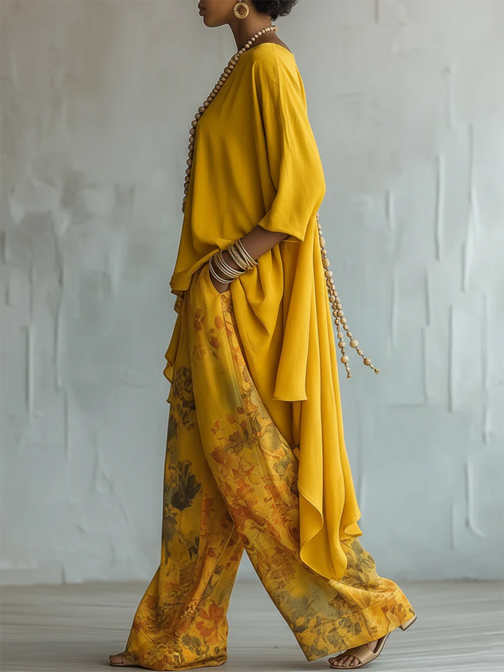 Women's Floral Blouse and Wide-Leg Pants Set Autumn Outfit