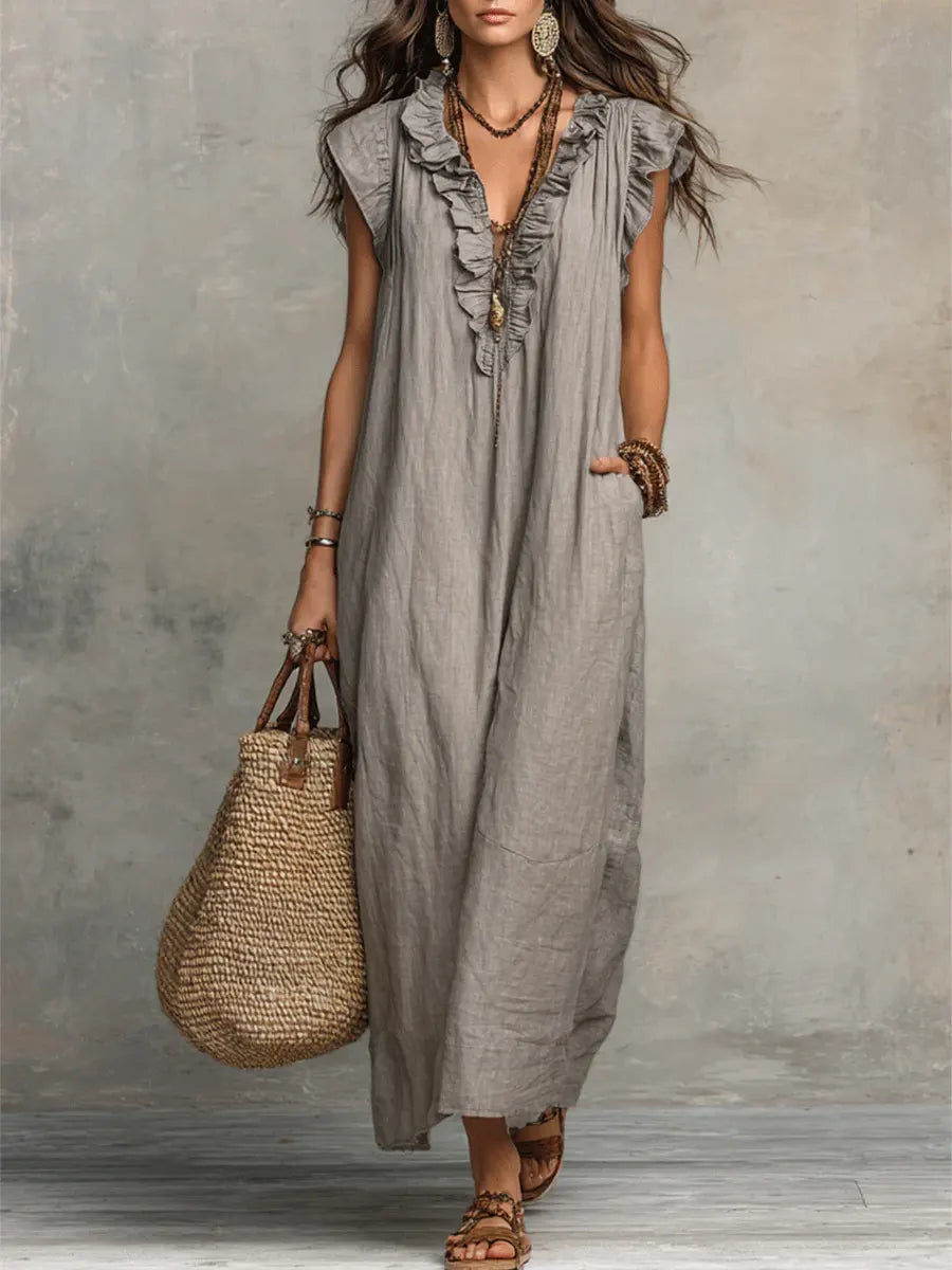 Women's Linen Cotton Bohemian Maxi Dress Autumn Everyday Outfit