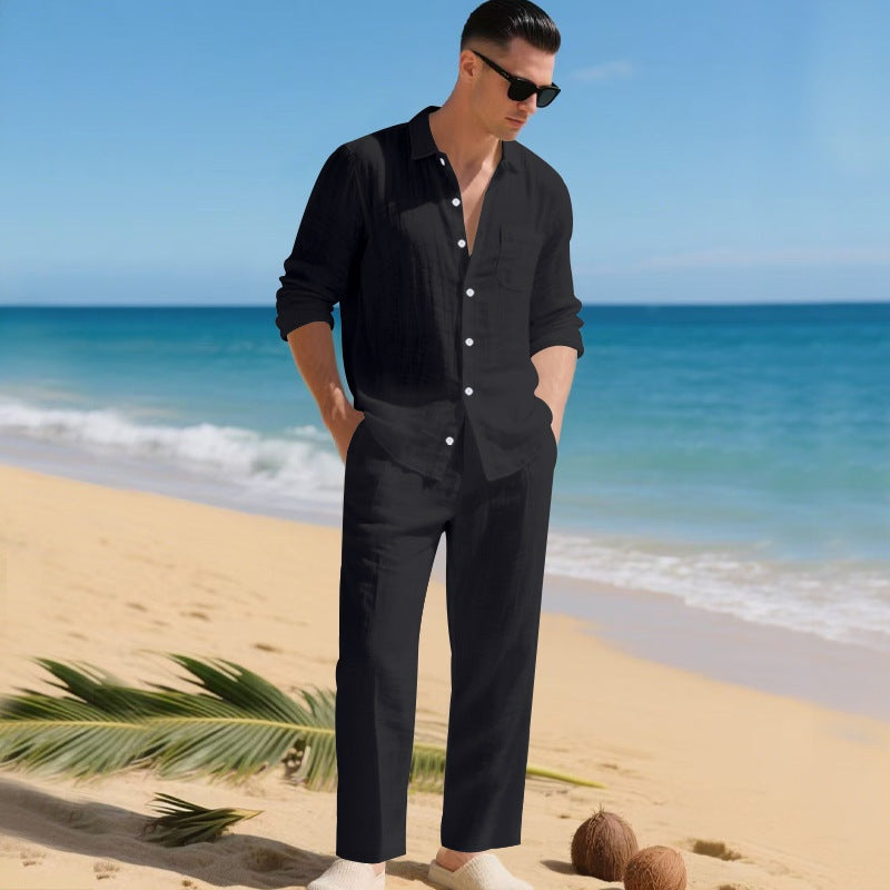 Men's Long-Sleeve Linen Shirt and Trousers 2-Piece Set Autumn