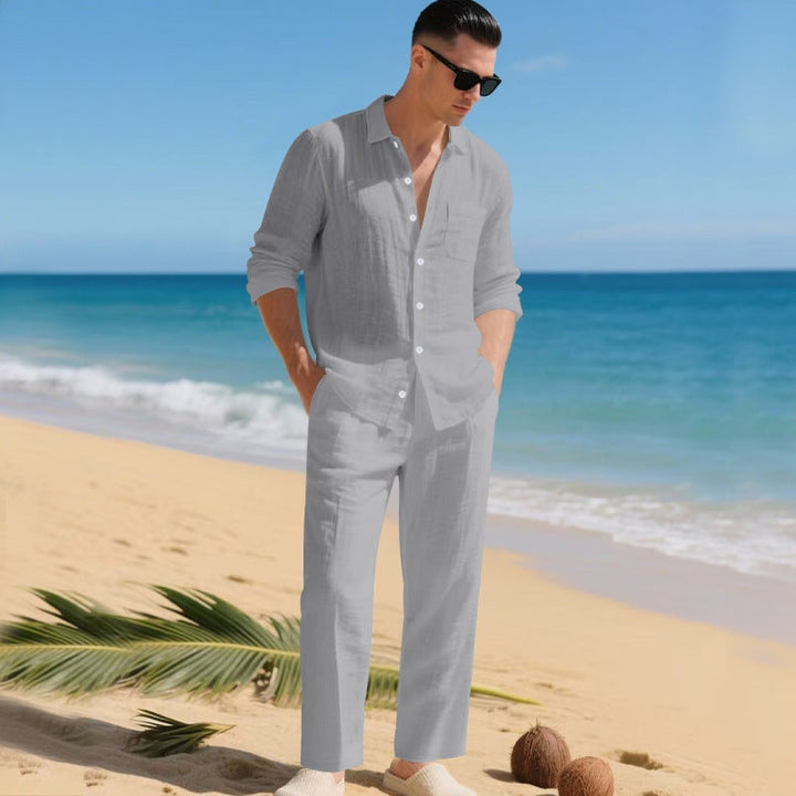 Men's Long-Sleeve Linen Shirt and Trousers 2-Piece Set Autumn