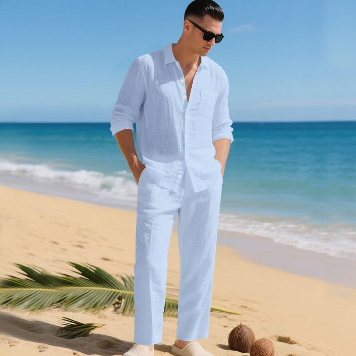 Men's Long-Sleeve Linen Shirt and Trousers 2-Piece Set Autumn