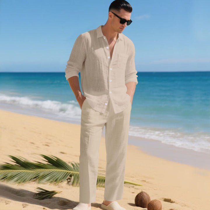 Men's Long-Sleeve Linen Shirt and Trousers 2-Piece Set Autumn