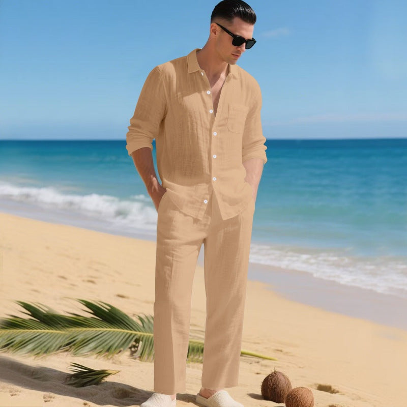 Men's Long-Sleeve Linen Shirt and Trousers 2-Piece Set Autumn