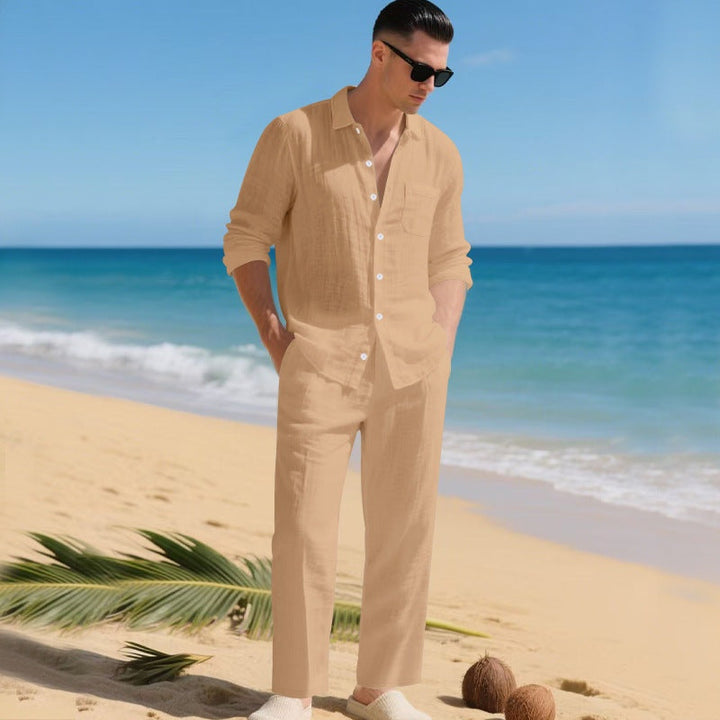 Men's Long-Sleeve Linen Shirt and Trousers 2-Piece Set Autumn