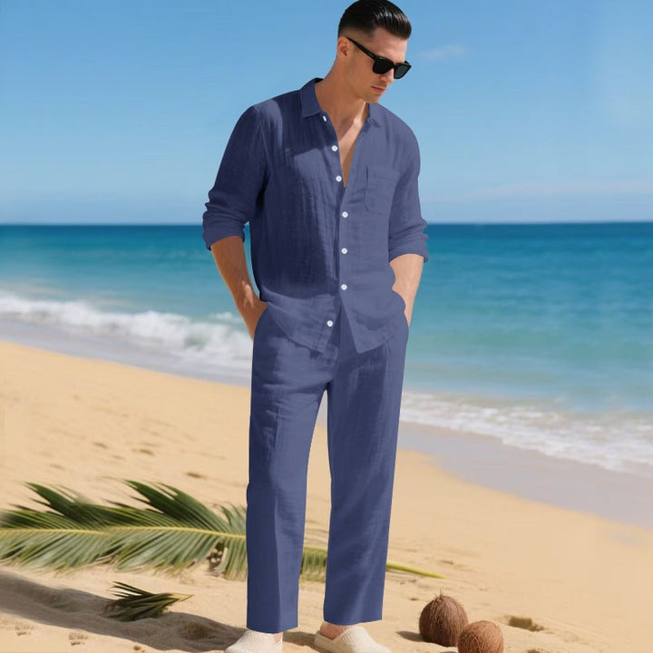 Men's Long-Sleeve Linen Shirt and Trousers 2-Piece Set Autumn