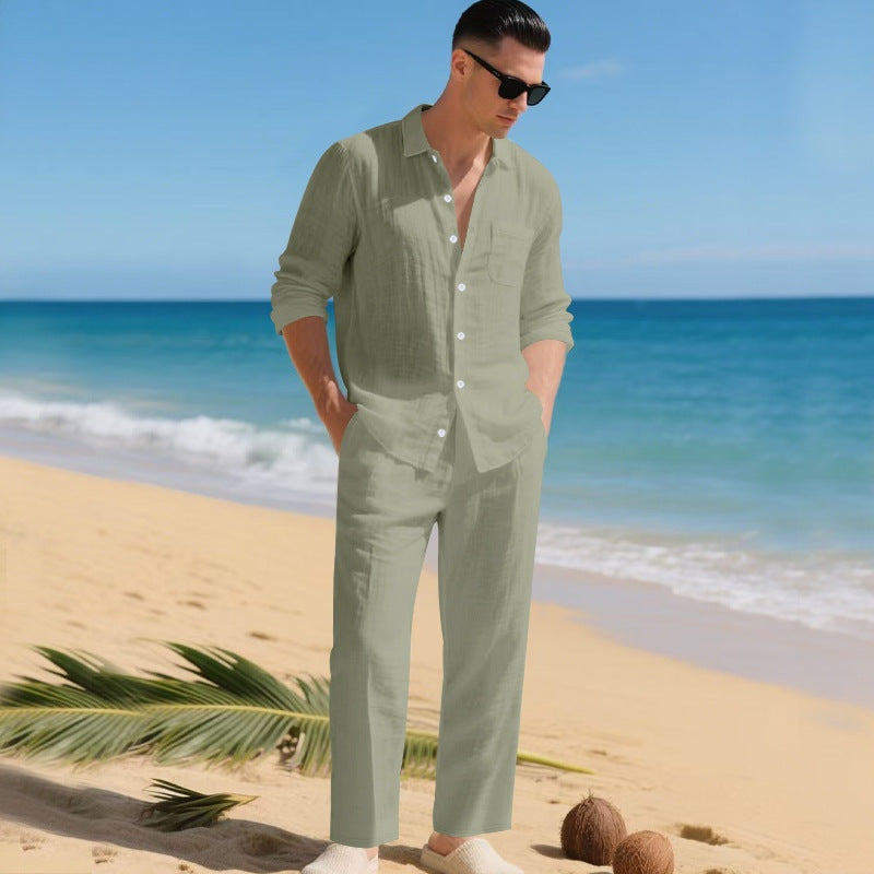 Men's Long-Sleeve Linen Shirt and Trousers 2-Piece Set Autumn
