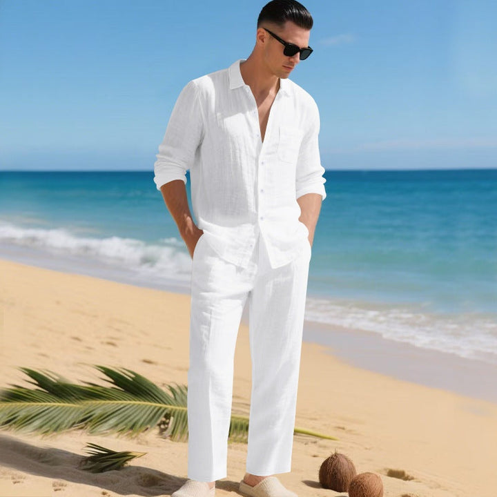 Men's Long-Sleeve Linen Shirt and Trousers 2-Piece Set Autumn