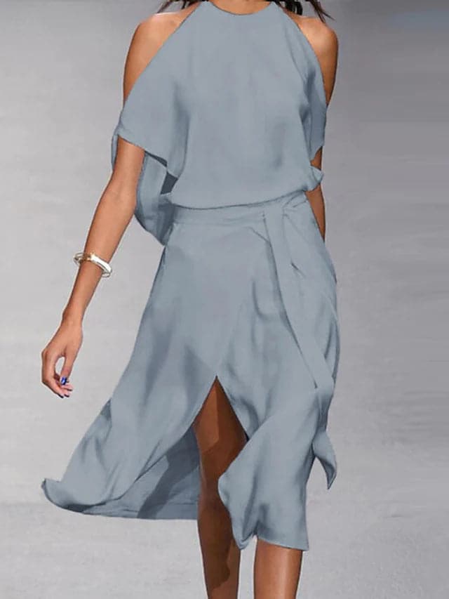 Elegant women's halter-neck midi dress with a slit