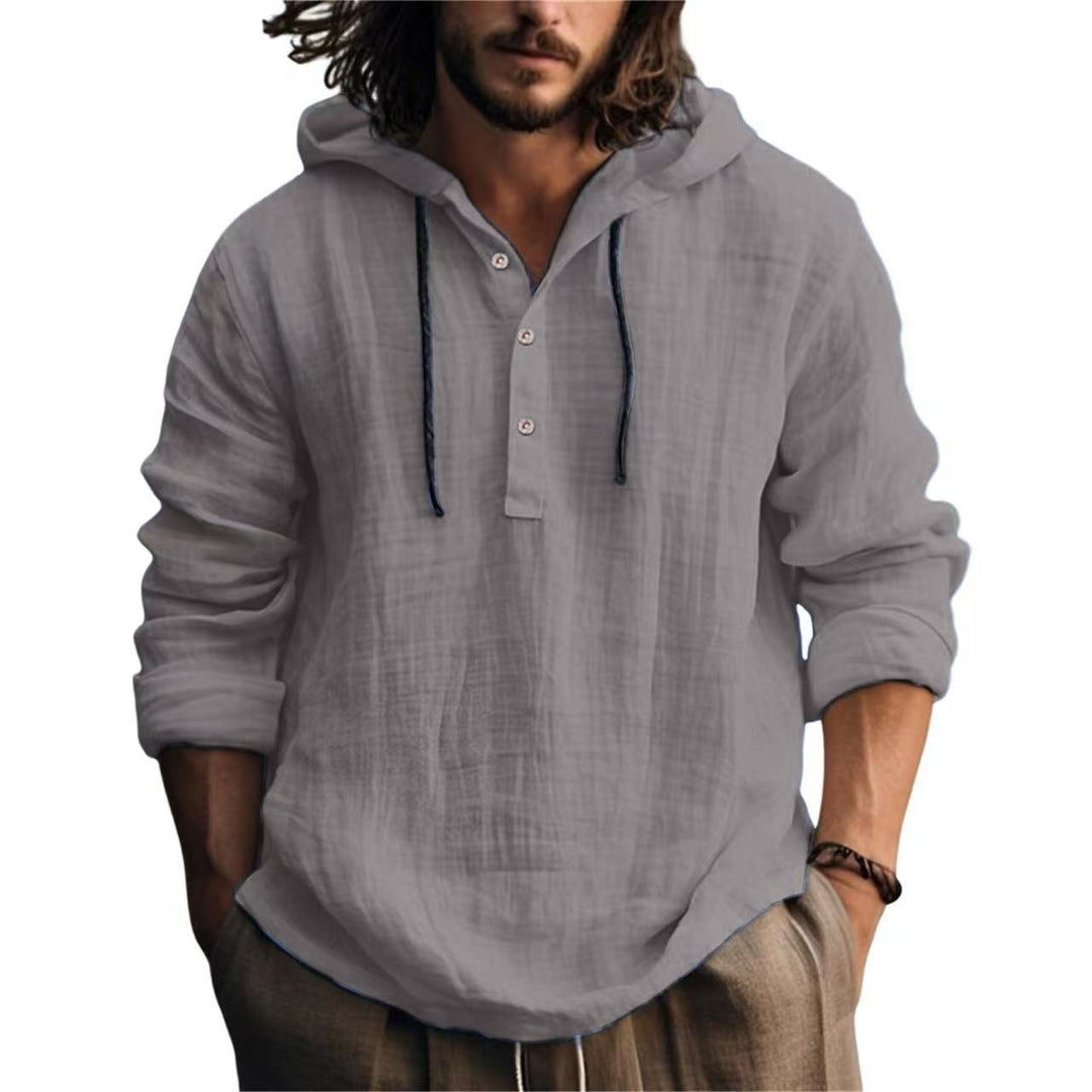 Men's Cotton Linen Hooded Shirt Spring Long Sleeve Henley Hoodie Shirt Casual Beach Top