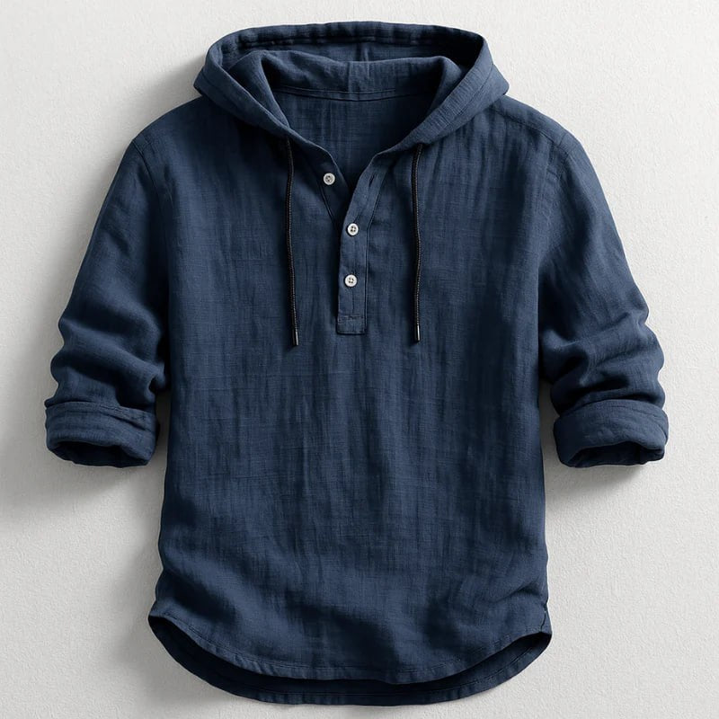 Men's Cotton Linen Hooded Shirt Spring Long Sleeve Henley Hoodie Shirt Casual Beach Top