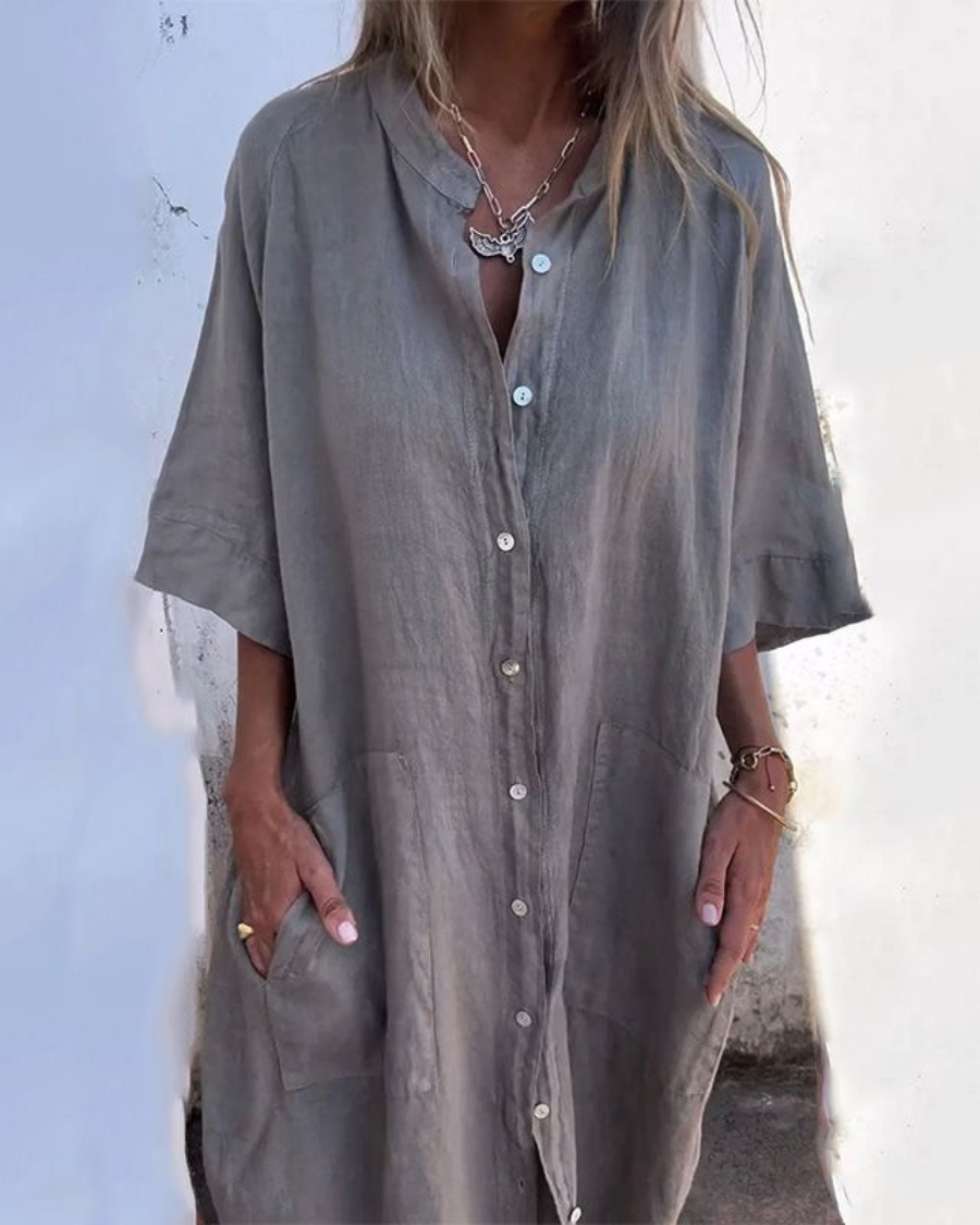 Women's Long Linen Shirt Dress with Buttons