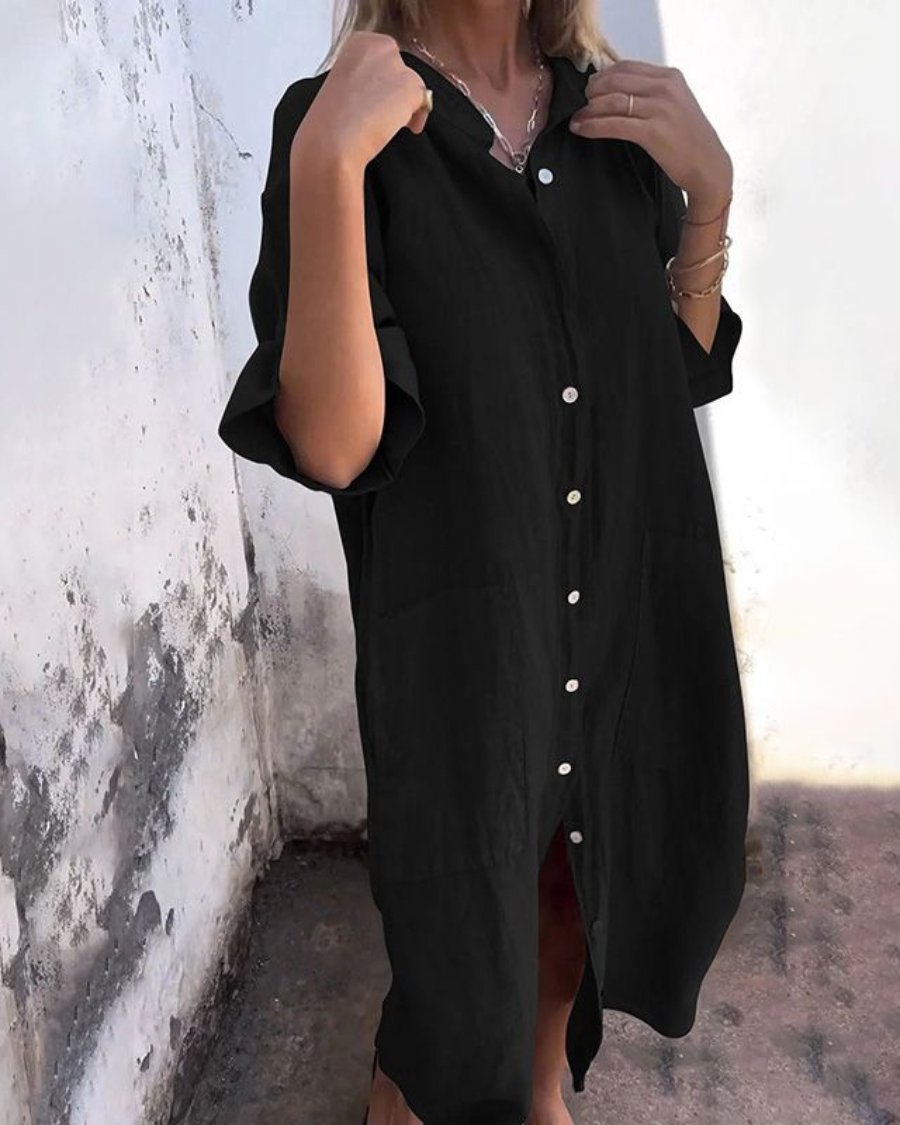 Women's Long Linen Shirt Dress with Buttons
