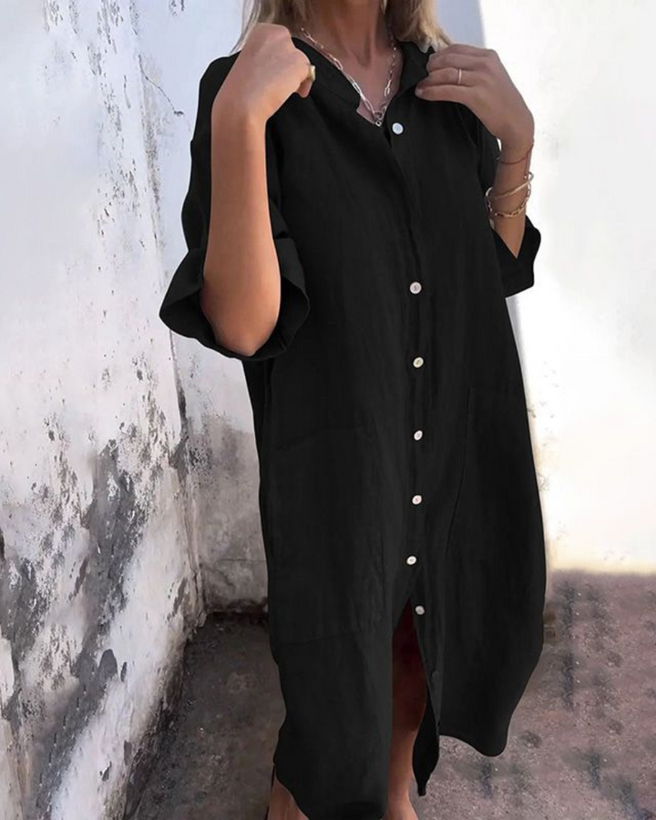 Women's Long Linen Shirt Dress with Buttons