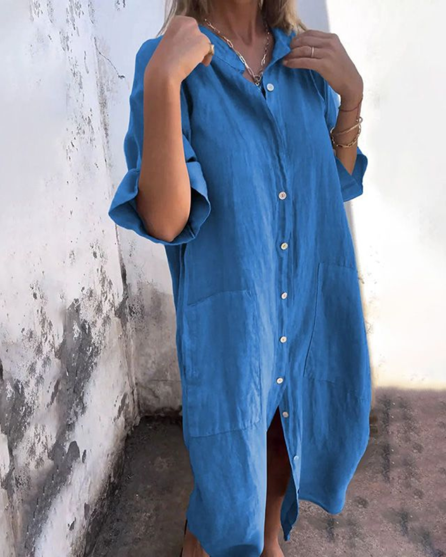 Women's Linen Shirt Dress Long Sleeve Button Down Autumn Midi Dress